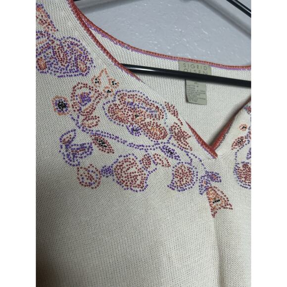 Sigrid Olsen Cotton Blend Beaded Floral Cream Sweater V Neck Vintage Size XL - Picture 7 of 9
